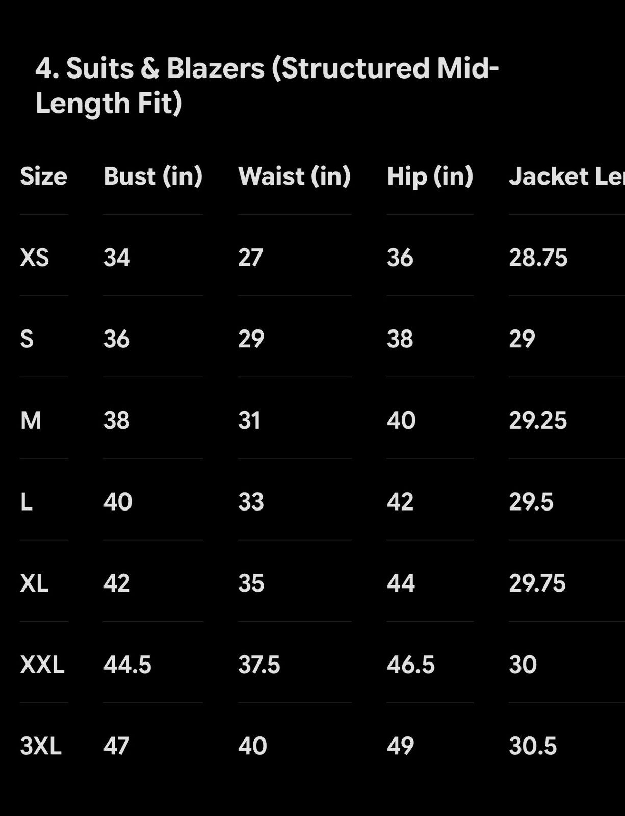 Suit and blazer size chart with bust, waist, hip, and jacket length measurements