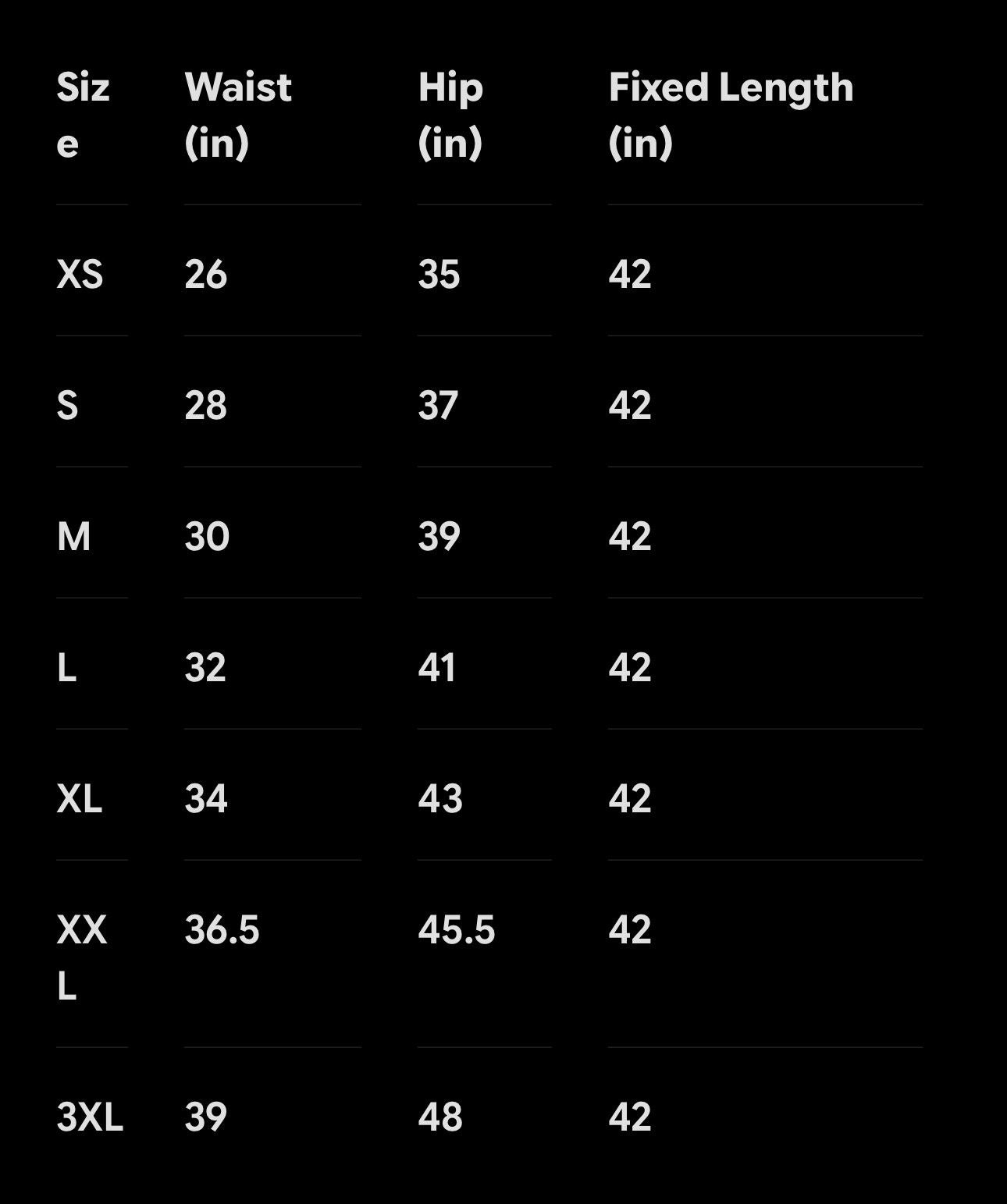 Trouser size chart with waist, hip, and fixed length measurements