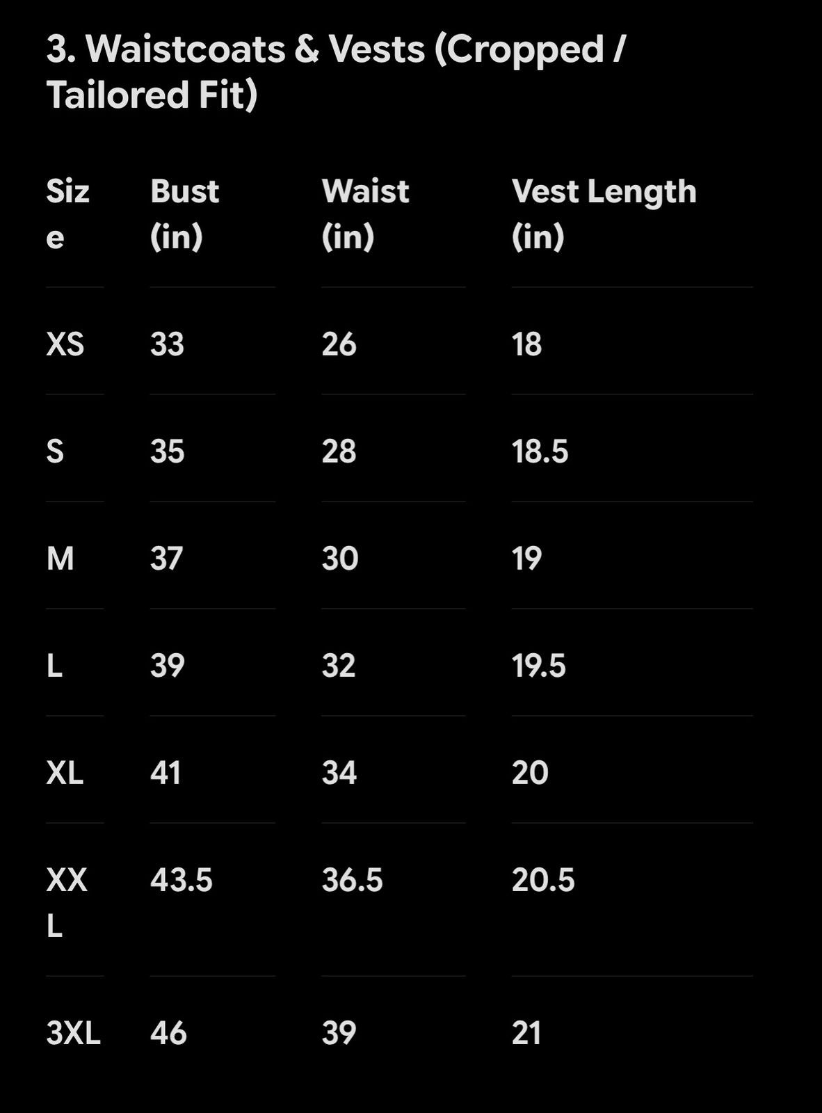 Waistcoat size chart with bust, waist, and vest length measurements